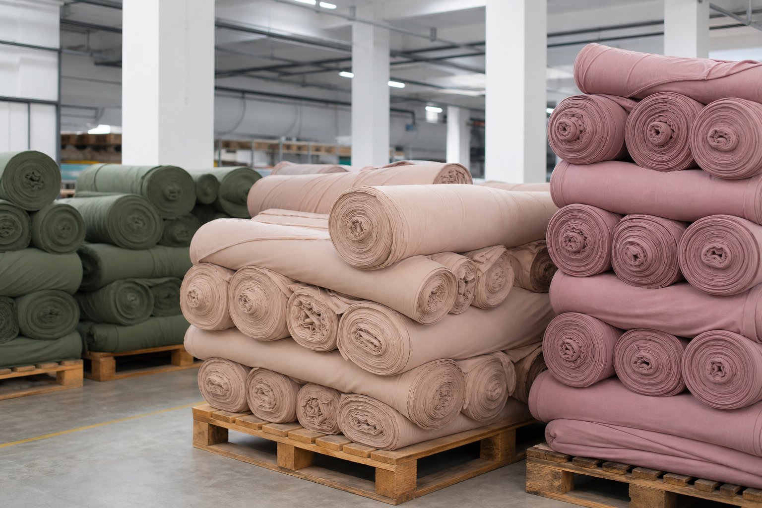 Rolls of soft cotton knit fabric in beige, rose and mint stacked in the fabric store