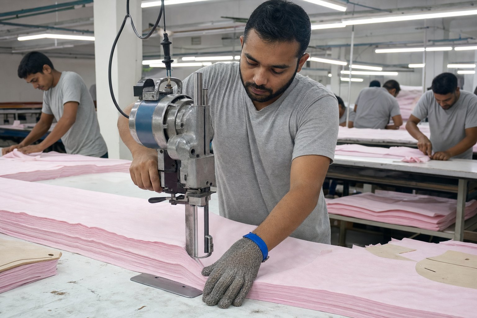 Cutter guiding a straight-knife machine through layered pink fabric on the cutting table