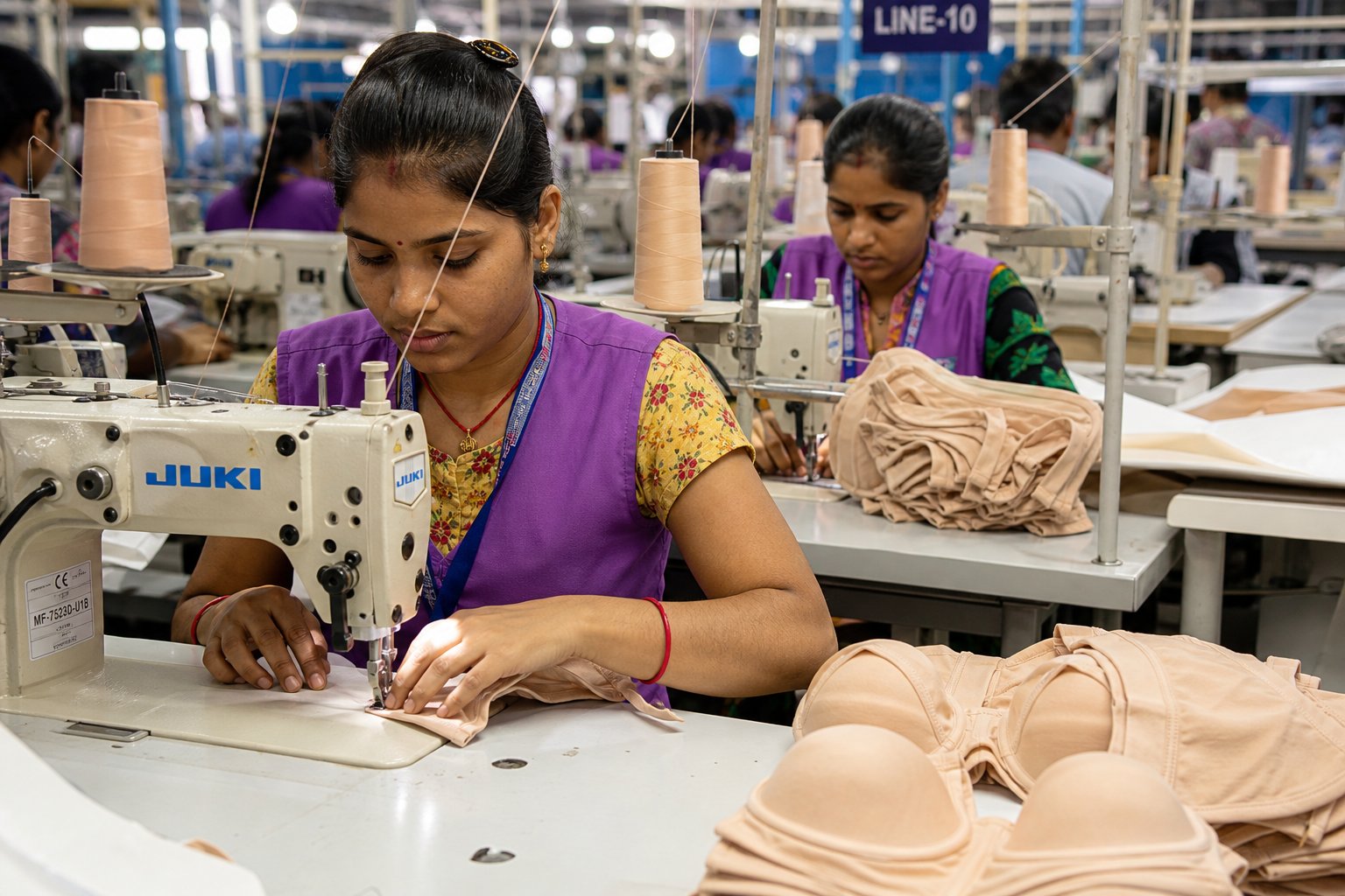 Operator stitching a beige bra on an industrial sewing machine on the stitching line