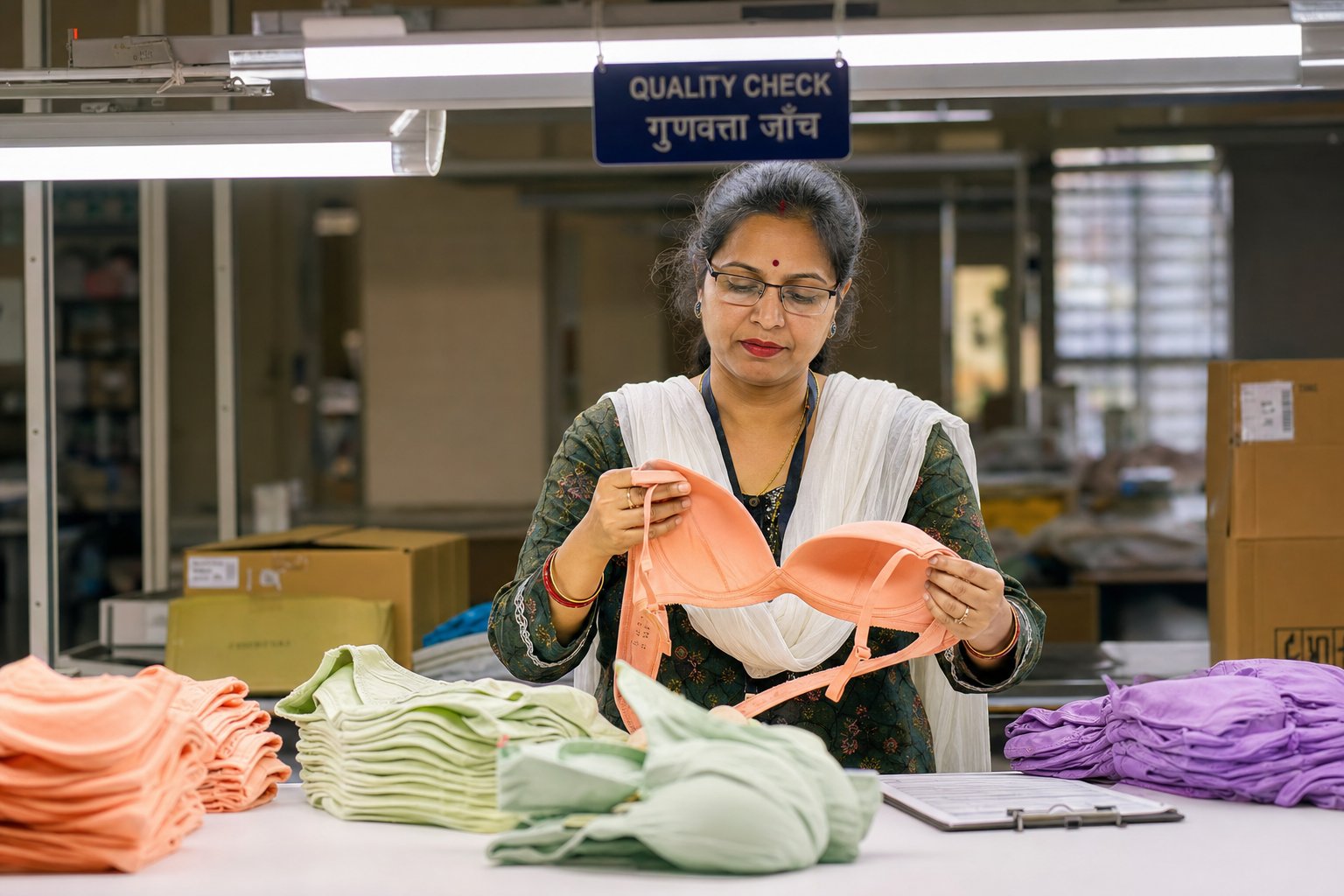 Checker hand-examining a finished bra at the quality-check station