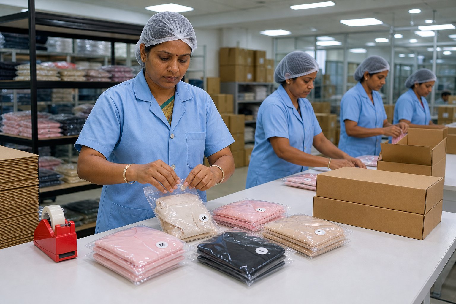 Packing team folding and bagging finished pieces into counter-ready boxes