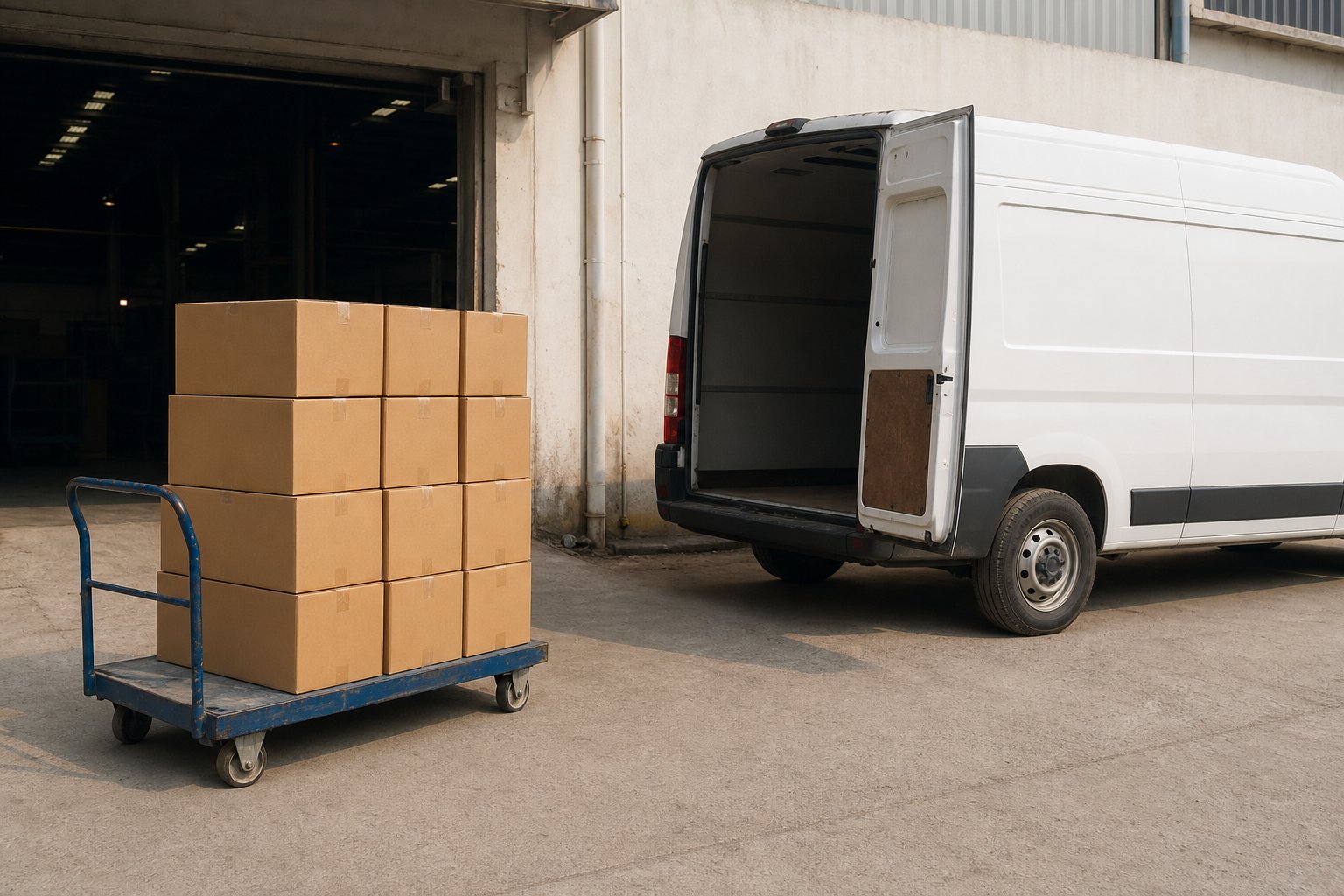 Cartons stacked on a trolley at the dispatch bay, ready to load into the delivery van