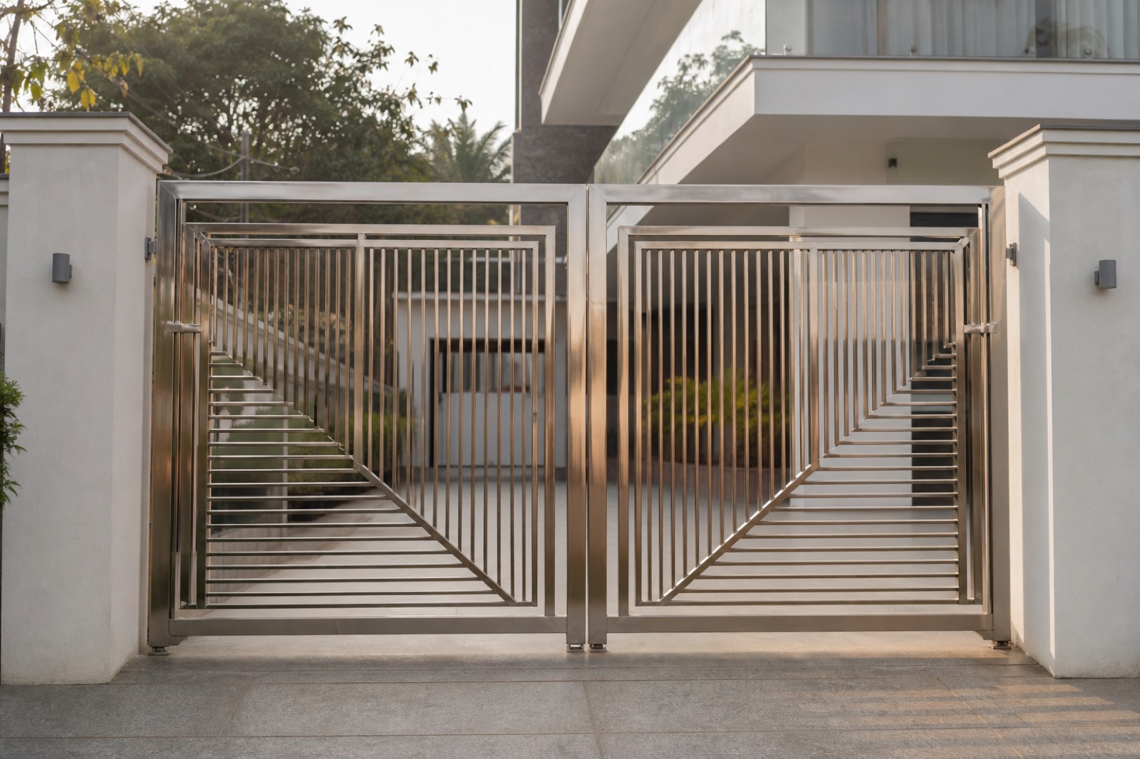Custom modern steel residential gate with geometric metalwork