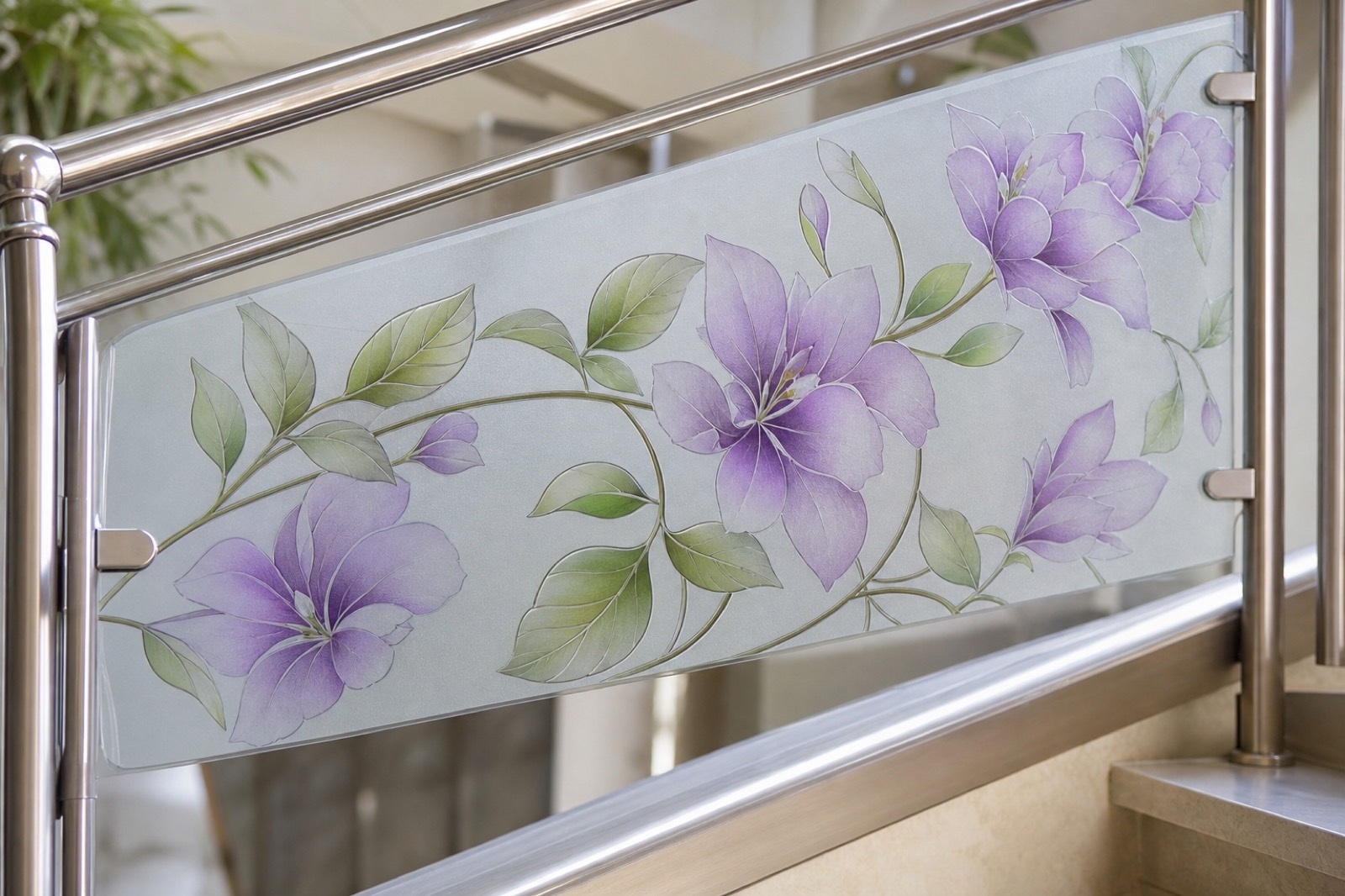 Decorative frosted glass panel framed in stainless steel