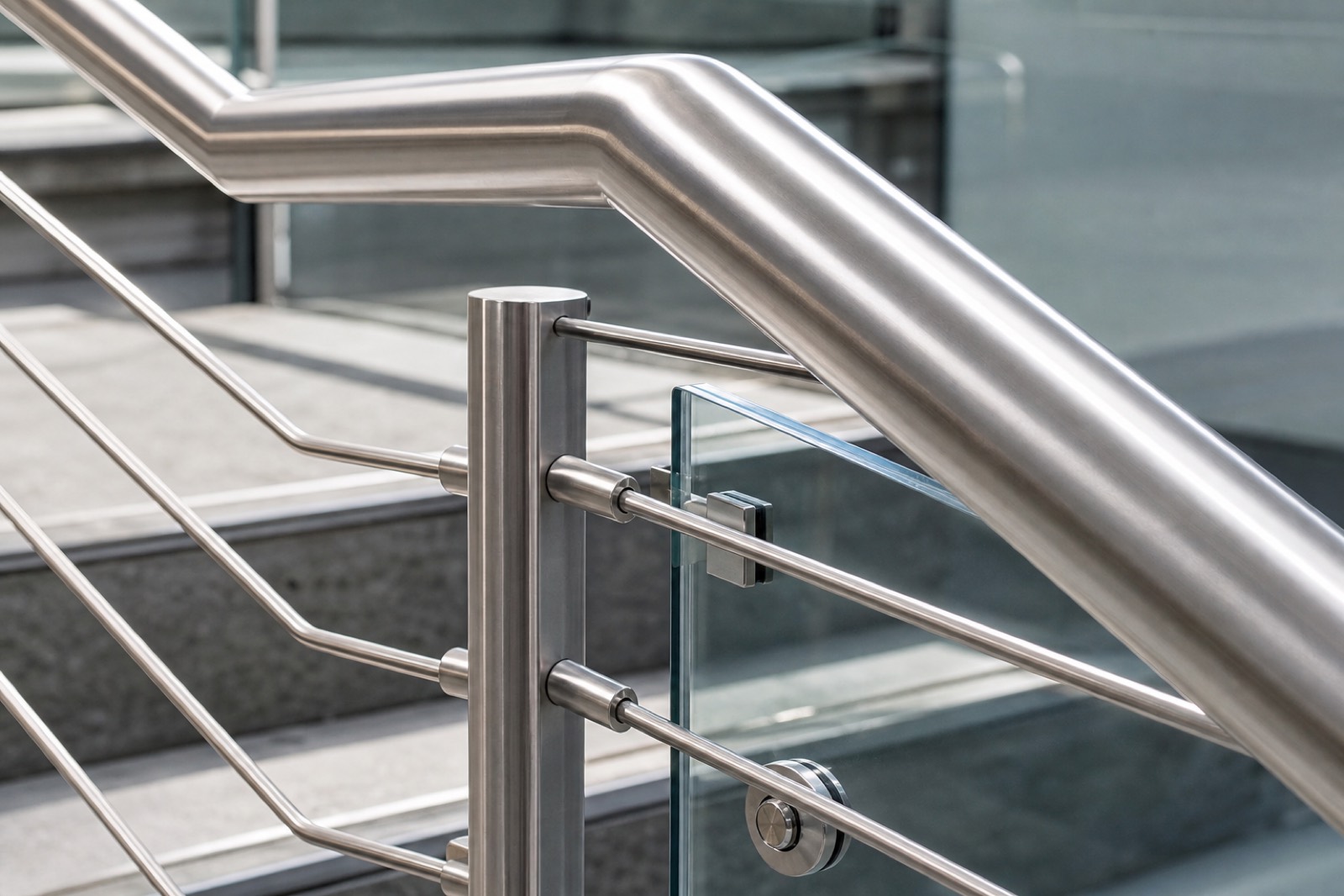 Polished stainless steel staircase railing with glass insert