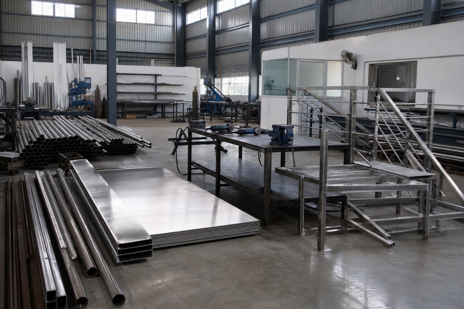 Steel fabrication workshop with rails, plates and tools on the floor