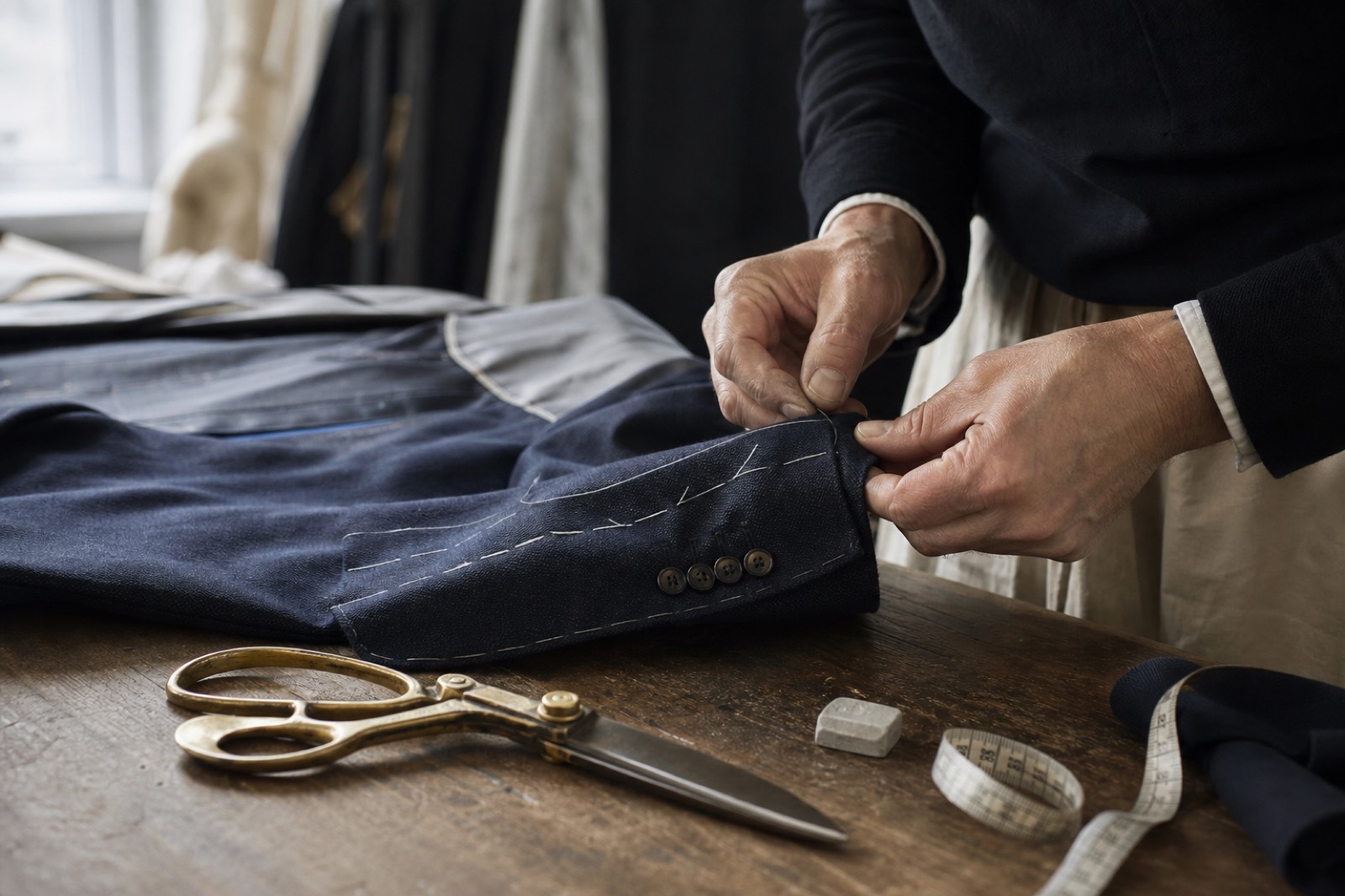Tailoring a navy blazer sleeve with precise stitch work in the atelier