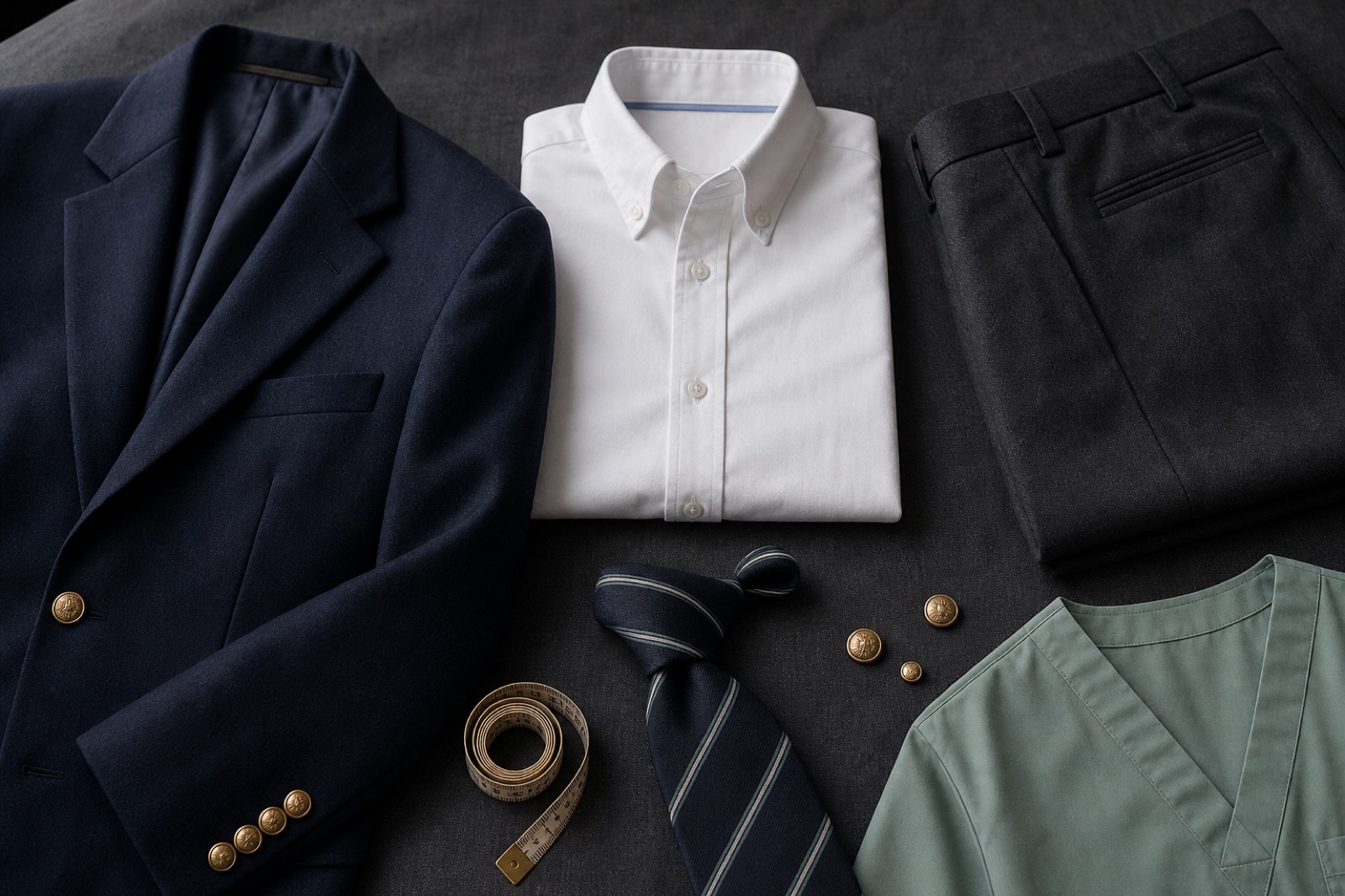Premium uniform pieces arranged: navy blazer, white shirt, trousers, and accessories
