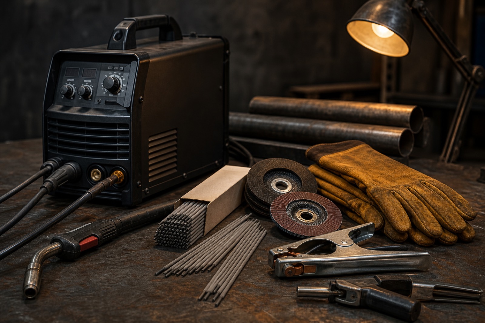 Welding machines, electrodes, discs and clamps on a steel workbench