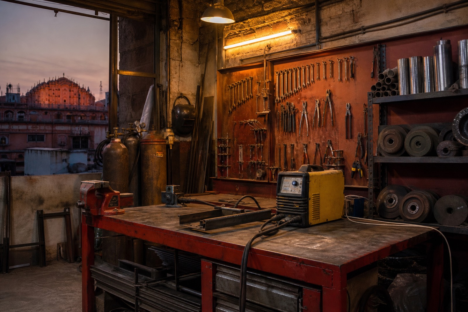 Industrial workshop with welding equipment and organized tool wall