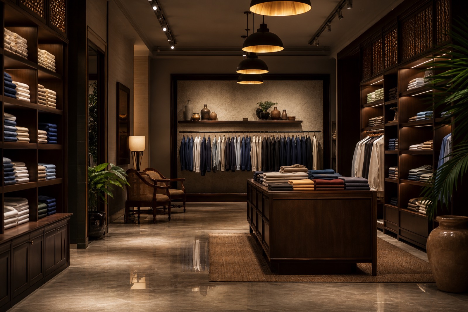 Calm boutique interior with folded soft cotton garments