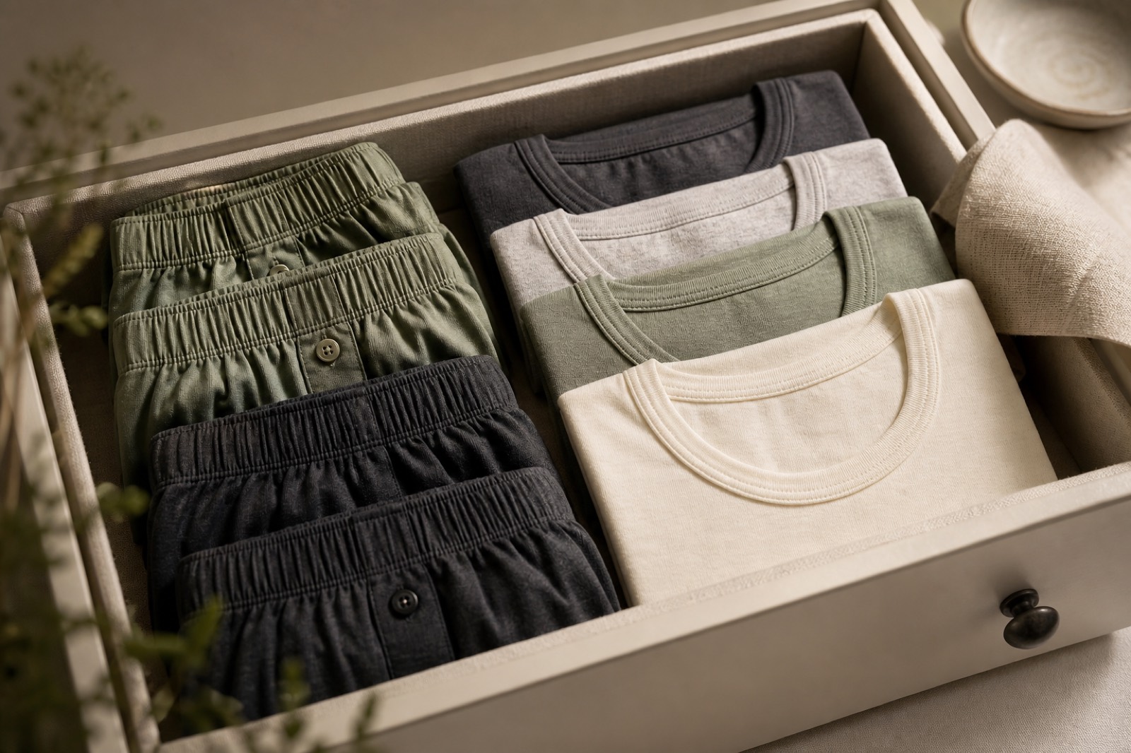 Premium cotton innerwear arranged in a linen-lined drawer