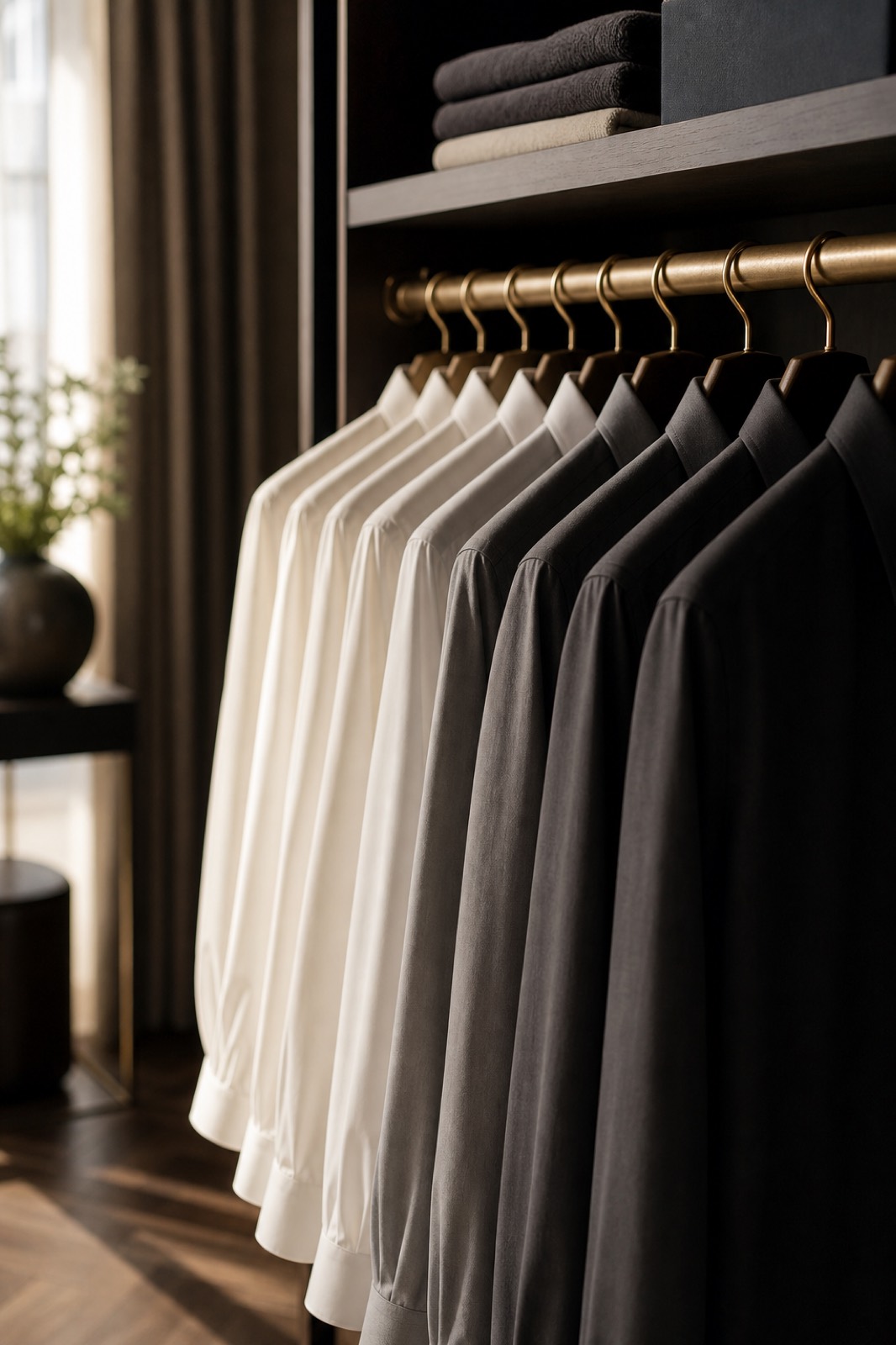 Pressed dress shirts hanging on a boutique rail