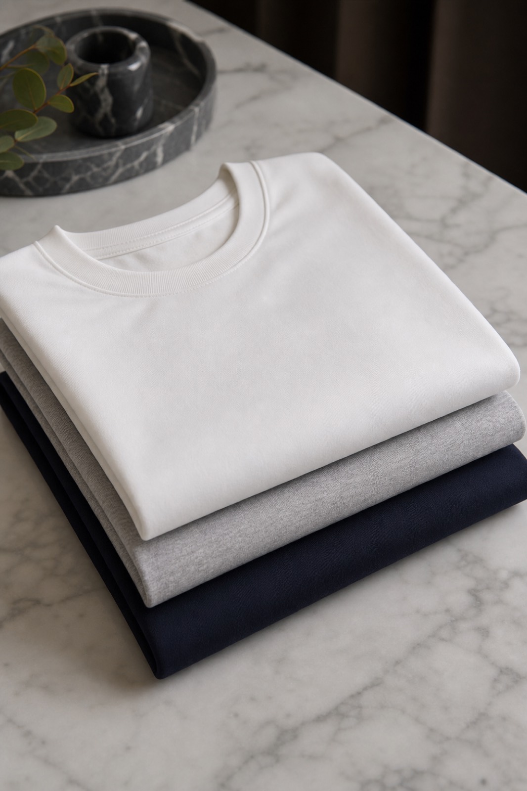 Folded premium crewneck tees in white, grey, and navy